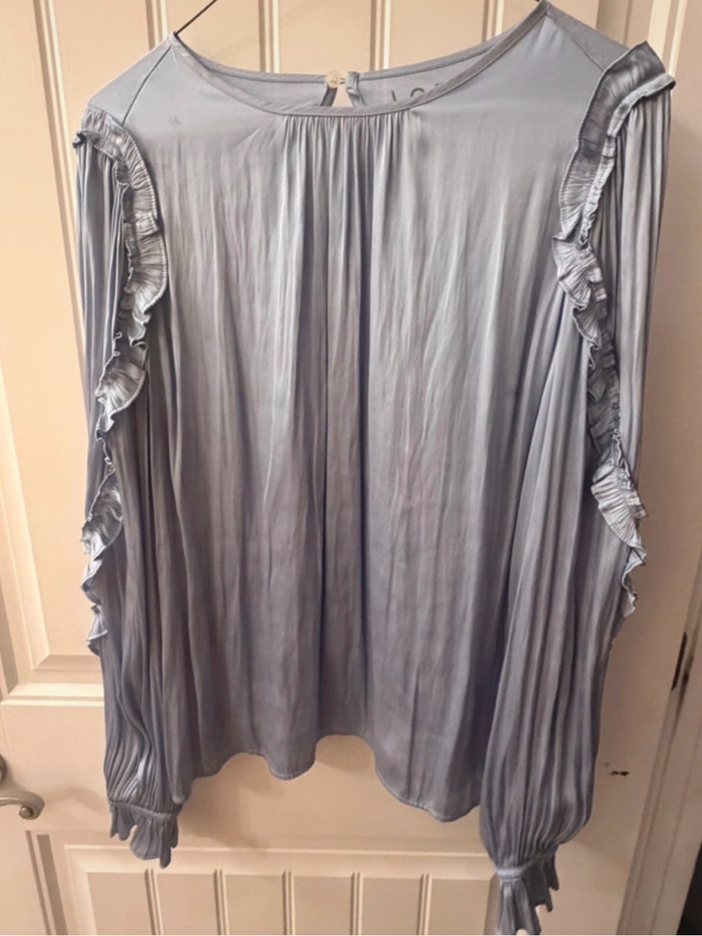 LOFT Pleated Ruffle-Trim Long Sleeve Blouse Light Blue Periwinkle Size L